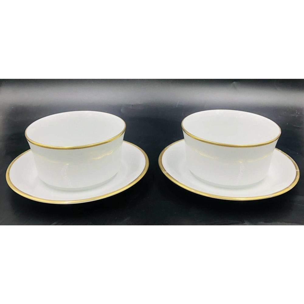 PMR Bavaria Golden Crown Cloud 2 Gravy Boat Bowls Attached Underplate Gold Trim